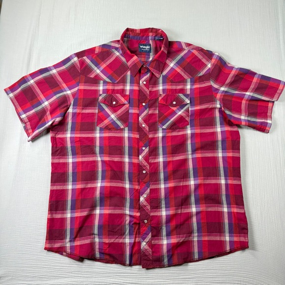 Wrangler Other - Wrangler Pearl Snap Shirt‎ Mens 3XT Red Purple Plaid Short Sleeve Tall Western